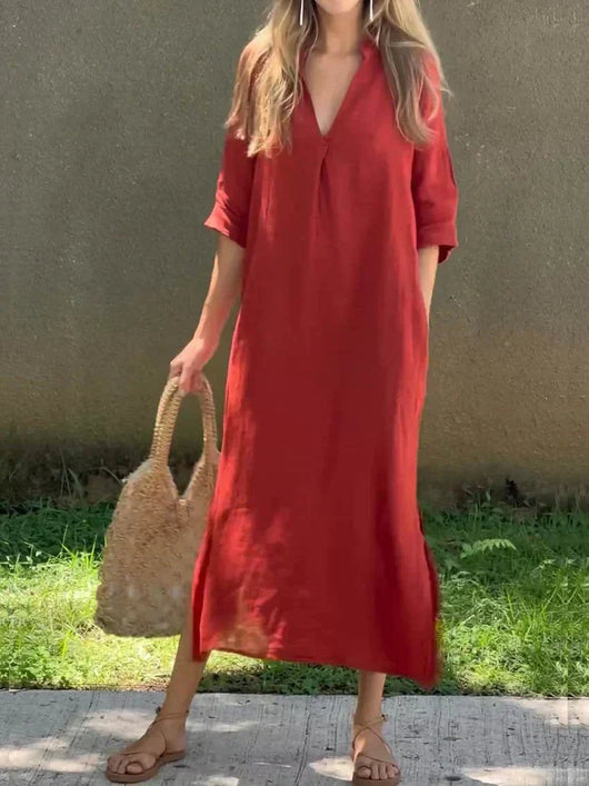Mia | Damen Leinen-Baumwoll Maxi-Sommerkleid V-Ausschnitt Halbarm