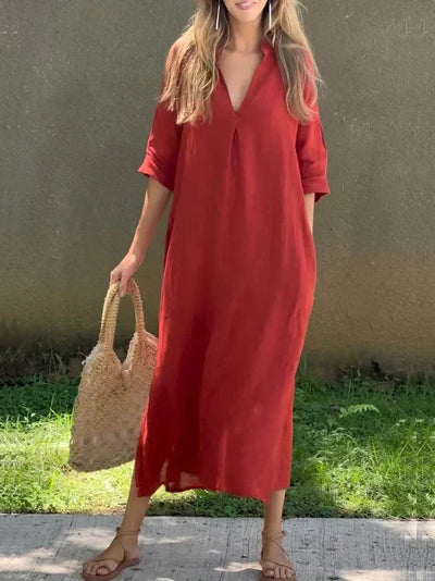 Mia | Damen Leinen-Baumwoll Maxi-Sommerkleid V-Ausschnitt Halbarm