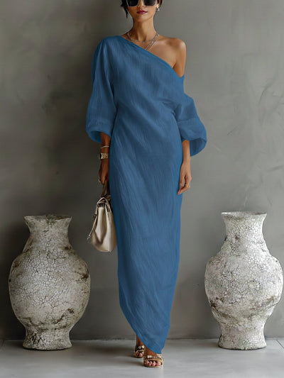 Lena | Damen Leinen-Baumwoll One-Shoulder Maxi Kleid
