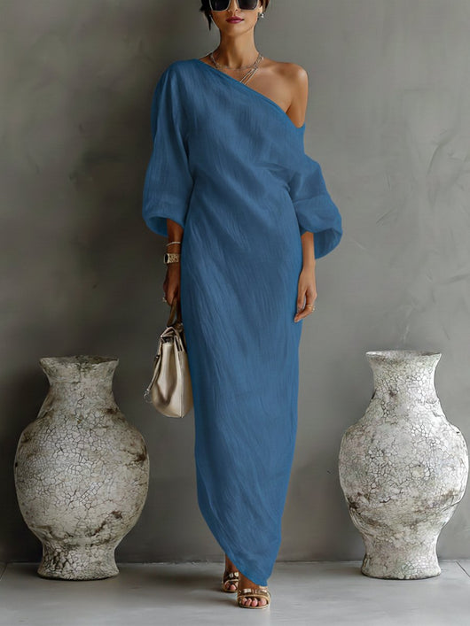 Lena | Damen Leinen-Baumwoll One-Shoulder Maxi Kleid