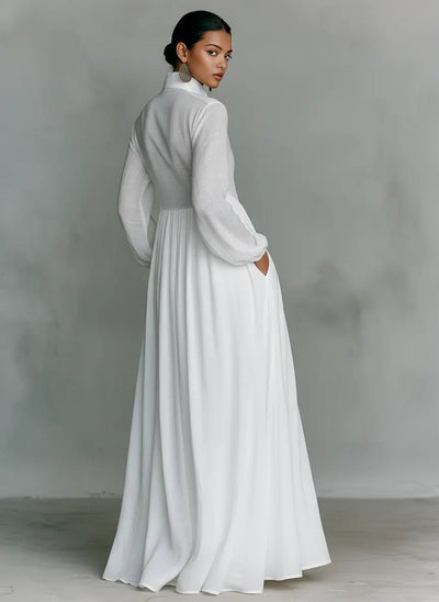 Nora | Damen Leinen-Baumwolle Stehkragen Knopfleiste Maxikleid