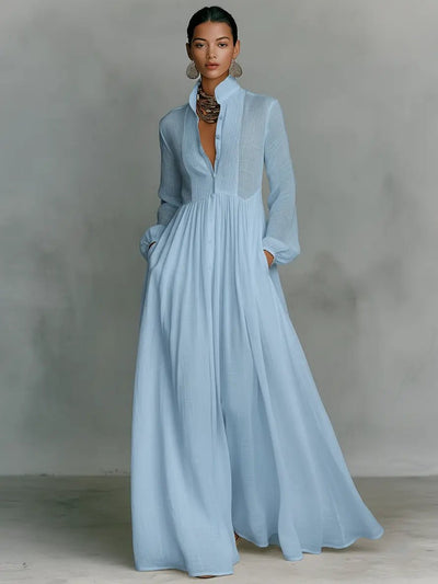 Nora | Damen Leinen-Baumwolle Stehkragen Knopfleiste Maxikleid