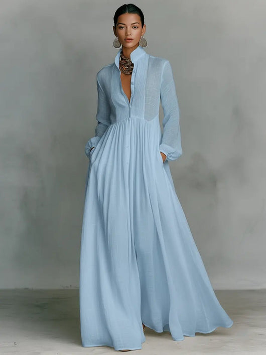 Nora | Damen Leinen-Baumwolle Stehkragen Knopfleiste Maxikleid