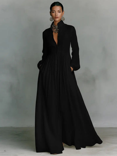 Nora | Damen Leinen-Baumwolle Stehkragen Knopfleiste Maxikleid