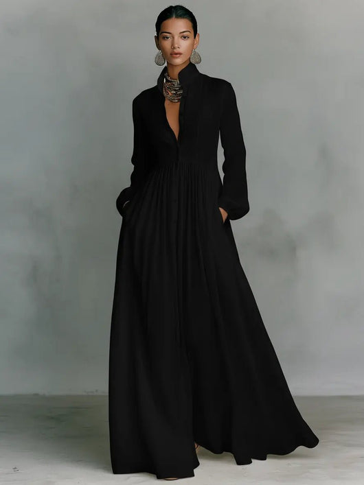 Nora | Damen Leinen-Baumwolle Stehkragen Knopfleiste Maxikleid