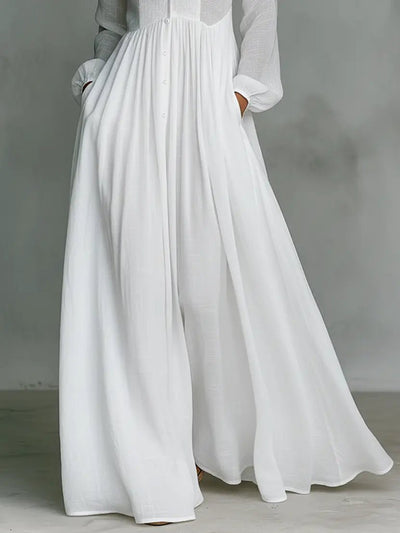 Nora | Damen Leinen-Baumwolle Stehkragen Knopfleiste Maxikleid