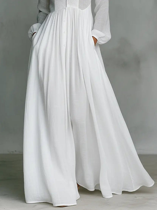 Nora | Damen Leinen-Baumwolle Stehkragen Knopfleiste Maxikleid