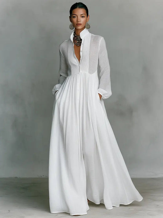 Nora | Damen Leinen-Baumwolle Stehkragen Knopfleiste Maxikleid