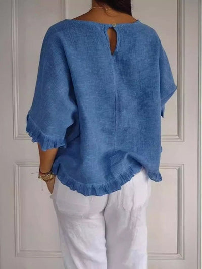 Annika | Damen Leinen-Bluse Rundhals Fransenrand Lockere Passform