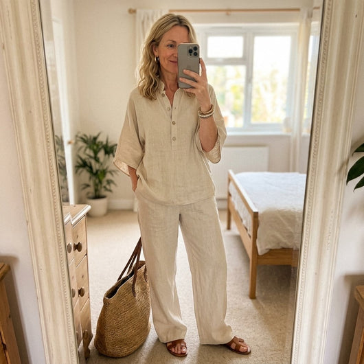 Lena | Damen Leinen Kimono-Ärmel Bluse und Weite Hose Set