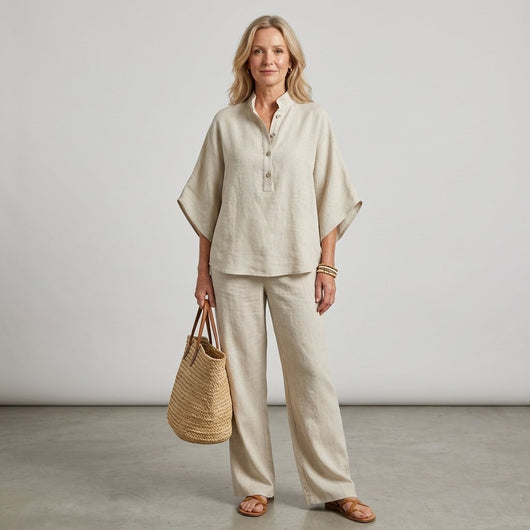 Lena | Damen Leinen Kimono-Ärmel Bluse und Weite Hose Set