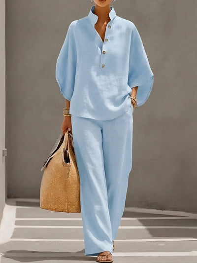 Lena | Damen Leinen Kimono-Ärmel Bluse und Weite Hose Set