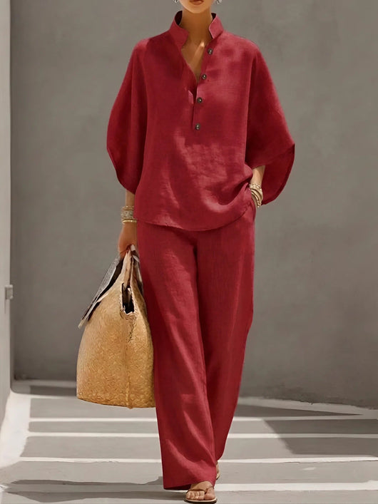 Lena | Damen Leinen Kimono-Ärmel Bluse und Weite Hose Set