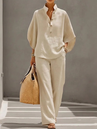 Lena | Damen Leinen Kimono-Ärmel Bluse und Weite Hose Set