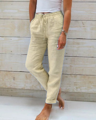 Hannah | Damen Leinen Kordelzug Gummibund Gerade Hose
