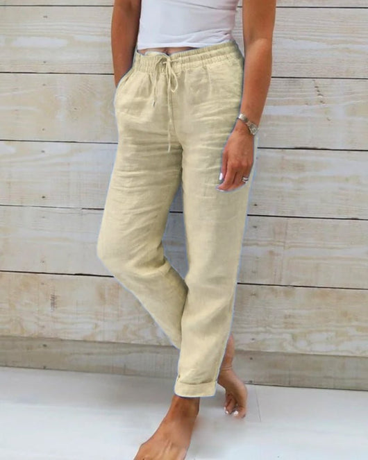 Hannah | Damen Leinen Kordelzug Gummibund Gerade Hose