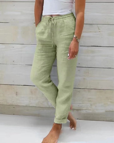 Hannah | Damen Leinen Kordelzug Gummibund Gerade Hose