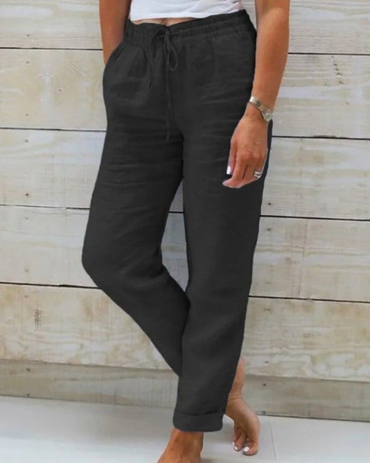Hannah | Damen Leinen Kordelzug Gummibund Gerade Hose