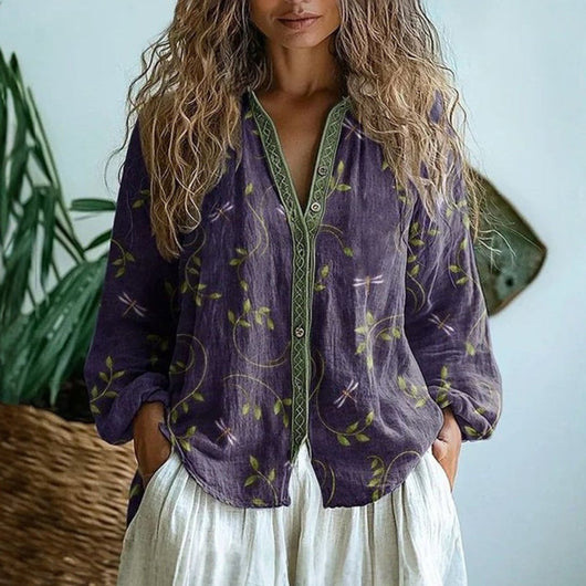 Luisa | Damen Leinen Langarm-Bluse mit V-Ausschnitt und Kontrastborte