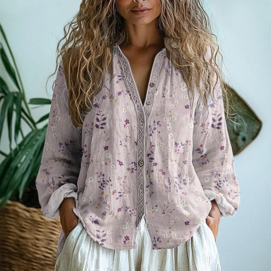 Luisa | Damen Leinen Langarm-Bluse mit V-Ausschnitt und Kontrastborte