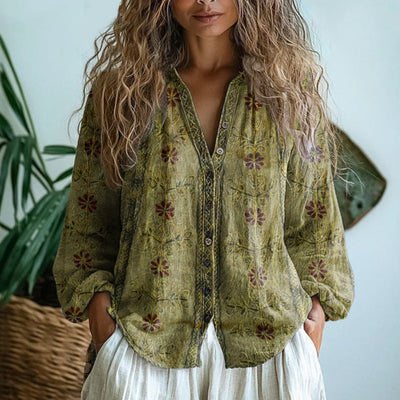 Luisa | Damen Leinen Langarm-Bluse mit V-Ausschnitt und Kontrastborte