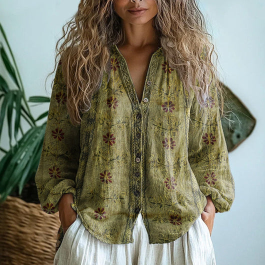 Luisa | Damen Leinen Langarm-Bluse mit V-Ausschnitt und Kontrastborte