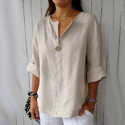 Hannah | Damen Leinen Lockere V-Ausschnitt Langarm Bluse Holzknopf