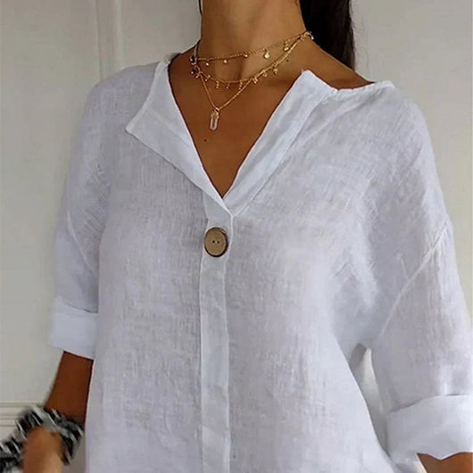 Hannah | Damen Leinen Lockere V-Ausschnitt Langarm Bluse Holzknopf