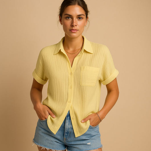 Clara | Damen Leinen-Look Kurzarm Brusttaschen-Hemdbluse