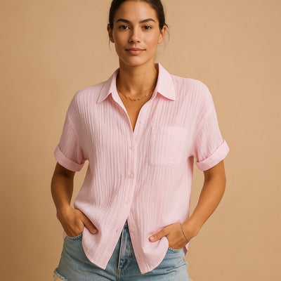 Clara | Damen Leinen-Look Kurzarm Brusttaschen-Hemdbluse