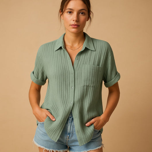 Clara | Damen Leinen-Look Kurzarm Brusttaschen-Hemdbluse