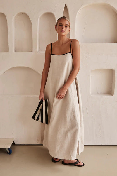 Hannah | Damen Leinen Maxi-Kleid Trapez-Schnitt Verstellbare Träger