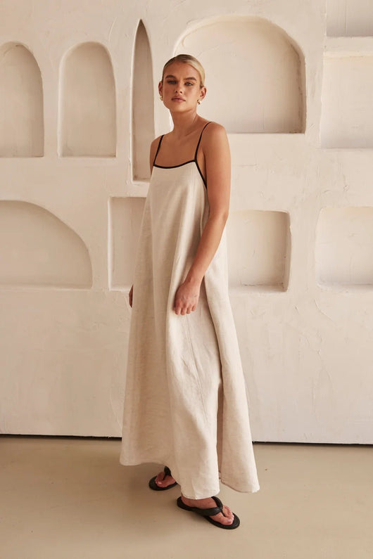 Hannah | Damen Leinen Maxi-Kleid Trapez-Schnitt Verstellbare Träger