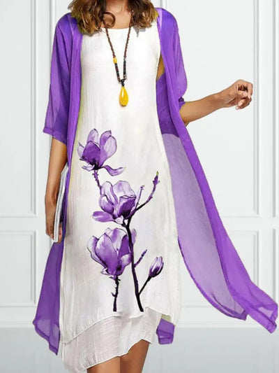 Johanna | Damen Leinen Midi-Kleid mit Chiffon-Cardigan Set