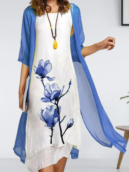 Johanna | Damen Leinen Midi-Kleid mit Chiffon-Cardigan Set