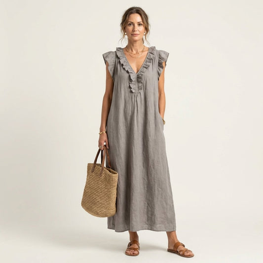 Emilia | Damen Leinen Rüschen V-Ausschnitt Ärmelloses Maxi-Sommerkleid