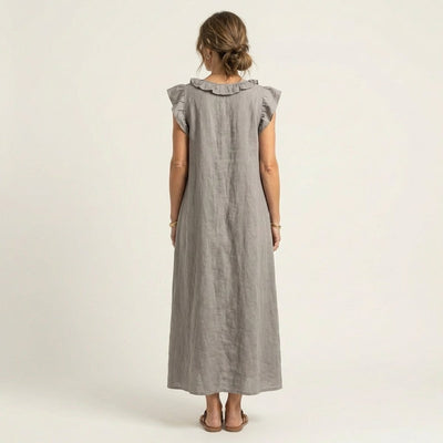 Emilia | Damen Leinen Rüschen V-Ausschnitt Ärmelloses Maxi-Sommerkleid