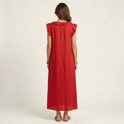 Emilia | Damen Leinen Rüschen V-Ausschnitt Ärmelloses Maxi-Sommerkleid