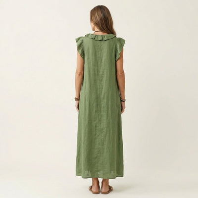 Emilia | Damen Leinen Rüschen V-Ausschnitt Ärmelloses Maxi-Sommerkleid