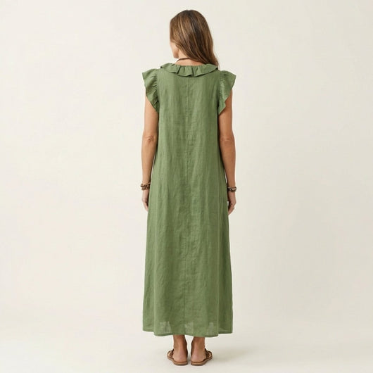 Emilia | Damen Leinen Rüschen V-Ausschnitt Ärmelloses Maxi-Sommerkleid
