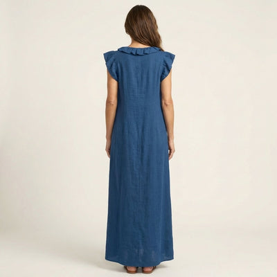 Emilia | Damen Leinen Rüschen V-Ausschnitt Ärmelloses Maxi-Sommerkleid