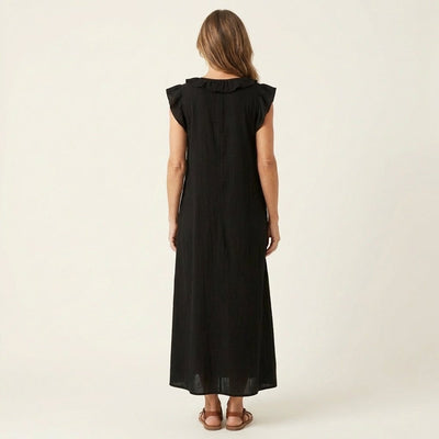 Emilia | Damen Leinen Rüschen V-Ausschnitt Ärmelloses Maxi-Sommerkleid
