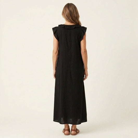 Emilia | Damen Leinen Rüschen V-Ausschnitt Ärmelloses Maxi-Sommerkleid