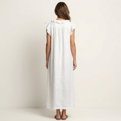 Emilia | Damen Leinen Rüschen V-Ausschnitt Ärmelloses Maxi-Sommerkleid