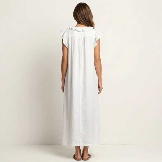 Emilia | Damen Leinen Rüschen V-Ausschnitt Ärmelloses Maxi-Sommerkleid