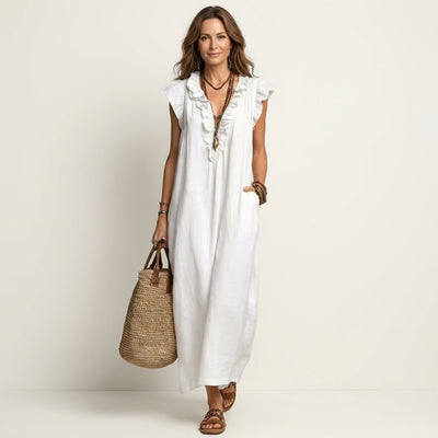 Emilia | Damen Leinen Rüschen V-Ausschnitt Ärmelloses Maxi-Sommerkleid