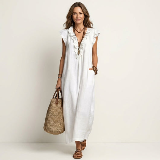 Emilia | Damen Leinen Rüschen V-Ausschnitt Ärmelloses Maxi-Sommerkleid