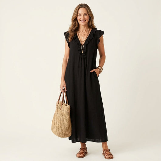 Emilia | Damen Leinen Rüschen V-Ausschnitt Ärmelloses Maxi-Sommerkleid
