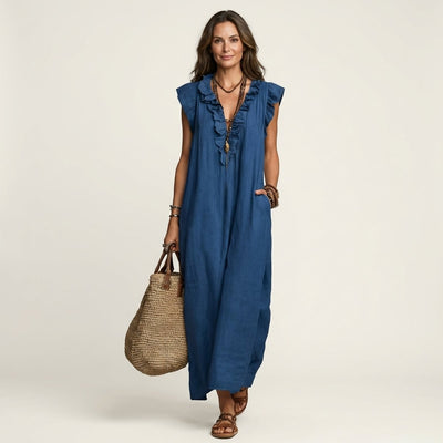 Emilia | Damen Leinen Rüschen V-Ausschnitt Ärmelloses Maxi-Sommerkleid
