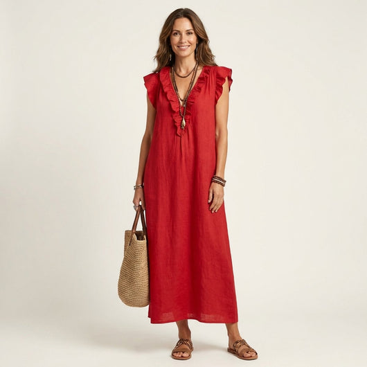 Emilia | Damen Leinen Rüschen V-Ausschnitt Ärmelloses Maxi-Sommerkleid